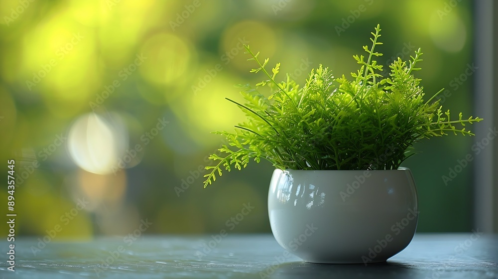 Common Asparagus fern Asparagus setaceus in a white flowerpot on a table : Generative AI Common Asparagus fern Asparagus setaceus in a white flowerpot on a table : Generative AI