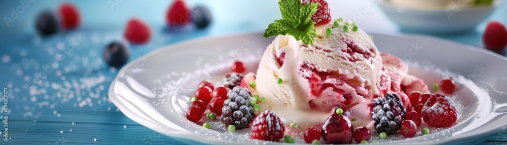 Delicious vanilla ice cream scoops garnished with fresh berries on a white plate, perfect for dessert imagery and food photography. Delicious vanilla ice cream scoops garnished with fresh berries on a white plate, perfect for dessert imagery and food photography.