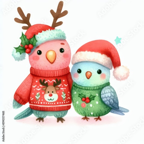 Two adorable birds in Christmas sweaters and hats, perfect for holiday greetings and winter themes.
