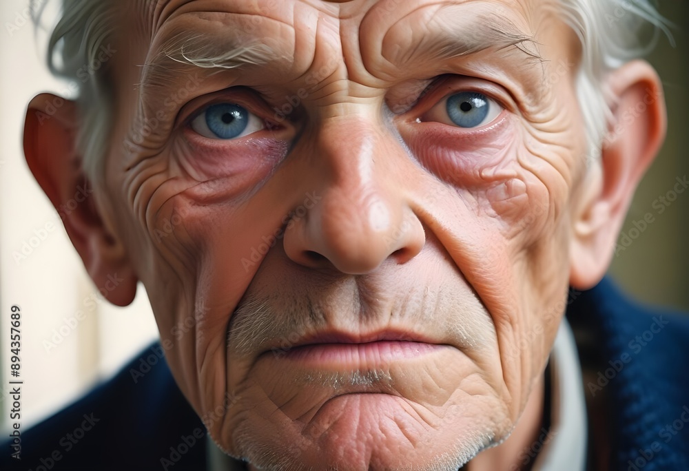 Older man, grandfather with wrinkles and a deep, tired gaze, dressed elegantly, posing for a portrait against a light background. Older man, grandfather with wrinkles and a deep, tired gaze, dressed elegantly, posing for a portrait against a light background.