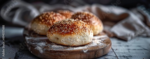 Freshly baked sesame seed buns on a wooden board, perfect for a cozy breakfast or a homemade sandwich. photo