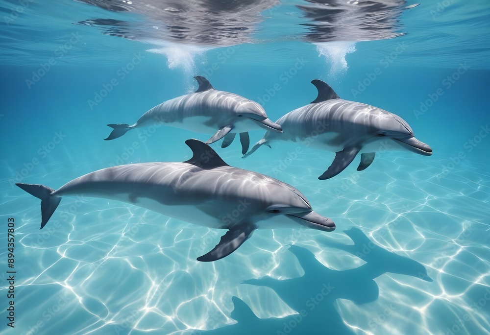 Dolphins swimming in clear blue, transparent water. Dolphins in their natural habitat. Small pod of dolphins. Animal photography, close-up of animals Dolphins swimming in clear blue, transparent water. Dolphins in their natural habitat. Small pod of dolphins. Animal photography, close-up of animals