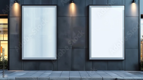 Two blank advertising billboards on the wall as mockup posters and design element : Generative AI photo