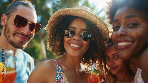 Vertical photo of a group of multiracial friends gathered together to take a photo while having fun in a barbecue drinking wine and enjoying the summer : Generative AI