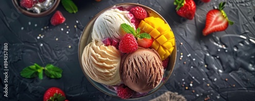 Wallpaper Mural A bowl of assorted ice cream scoops with fresh fruit toppings, including strawberries and mango, on a dark textured background. Torontodigital.ca