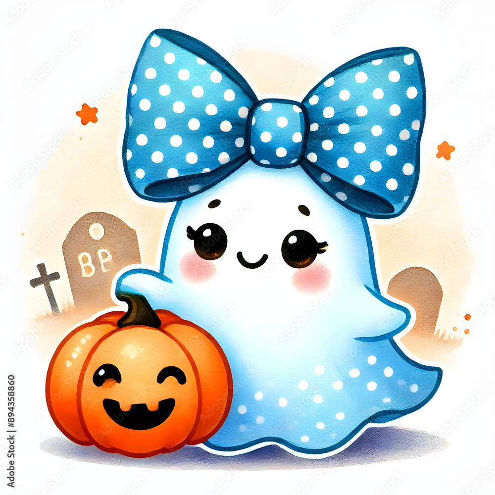 Fototapeta premium Ghost with Blue Polka Dot Bow and Pumpkin 
