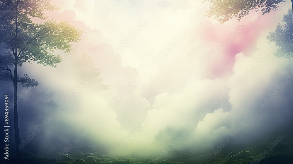 Fototapeta premium Forest landscape with sunlight in a cloudy watercolor background with copy space