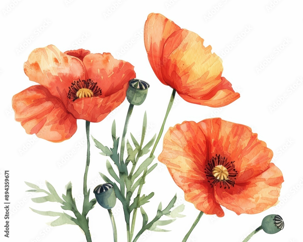 Naklejka premium poppy watercolor on white background Generative AI