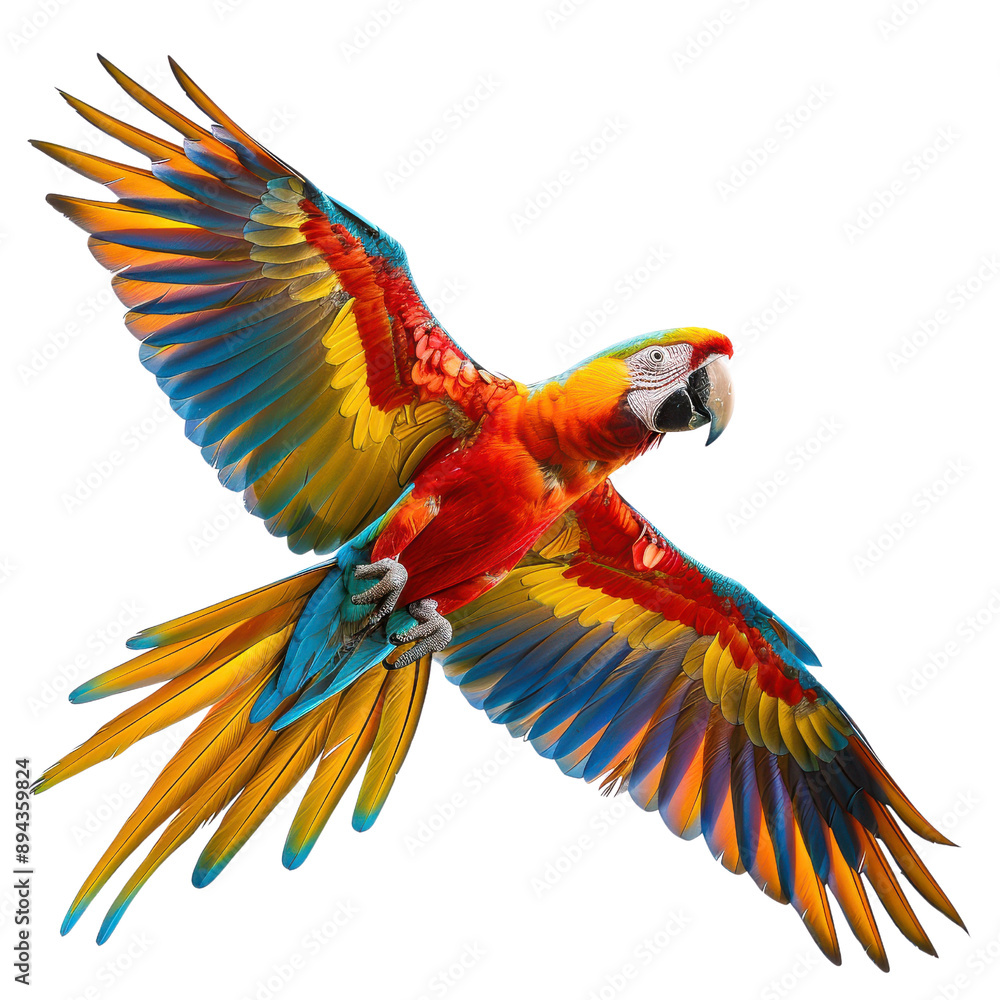 Fototapeta premium Stunning Macaw Parrot in Mid-Flight Showcasing Brilliant Color Spectrum and Graceful Wing Spread