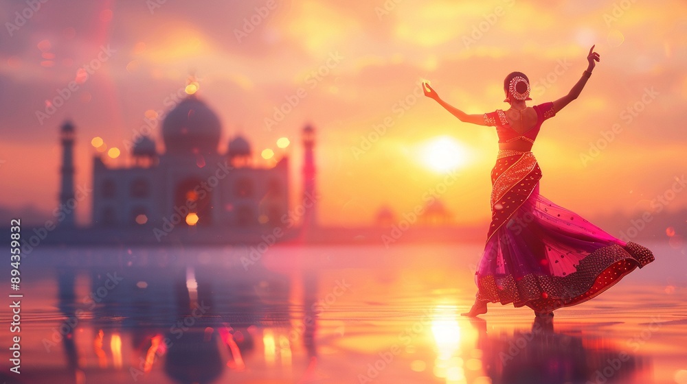 Fototapeta premium A dancer performing in traditional attire with a historic building in the background, photorealistic, intricate details, dynamic scene, cultural commendation