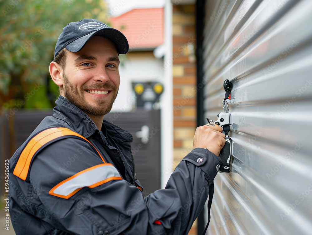 Obraz premium Smiling Technician Working on Garage Door