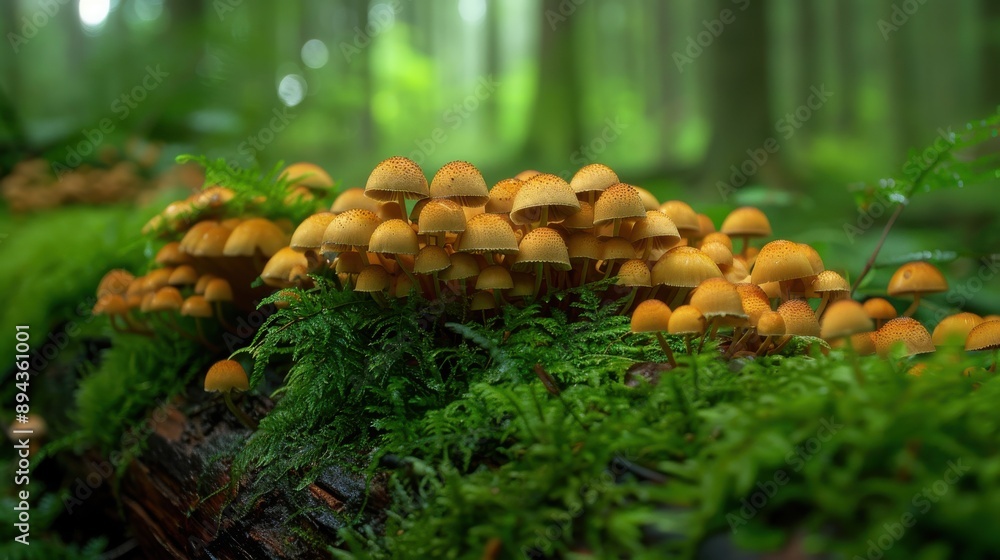 Forest Mushrooms, Cluster of fungi on mossy log, Woodland Ecosystem Forest Mushrooms, Cluster of fungi on mossy log, Woodland Ecosystem