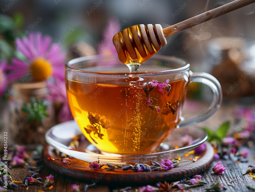 Honey Drizzled Into a Cup of Herbal Tea on a Wooden Table Honey Drizzled Into a Cup of Herbal Tea on a Wooden Table