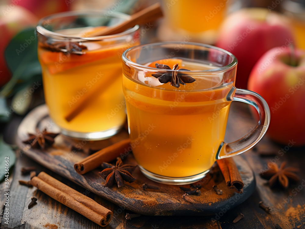 Two Glasses of Spiced Apple Cider With Cinnamon Sticks and Star Anise on a Wooden Tray Two Glasses of Spiced Apple Cider With Cinnamon Sticks and Star Anise on a Wooden Tray