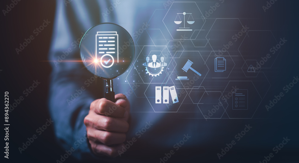 Businessman checking the steps through document with a list of checkboxes ,regulation ,Concepts of practices and policies ,procedure company articles of association Terms and Conditions