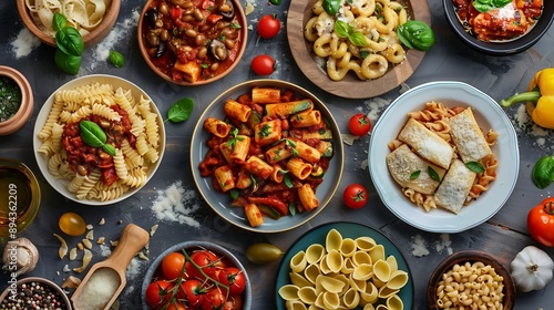 Italian food panorama Various pasta dishes overhead flat lay shot : Generative AI