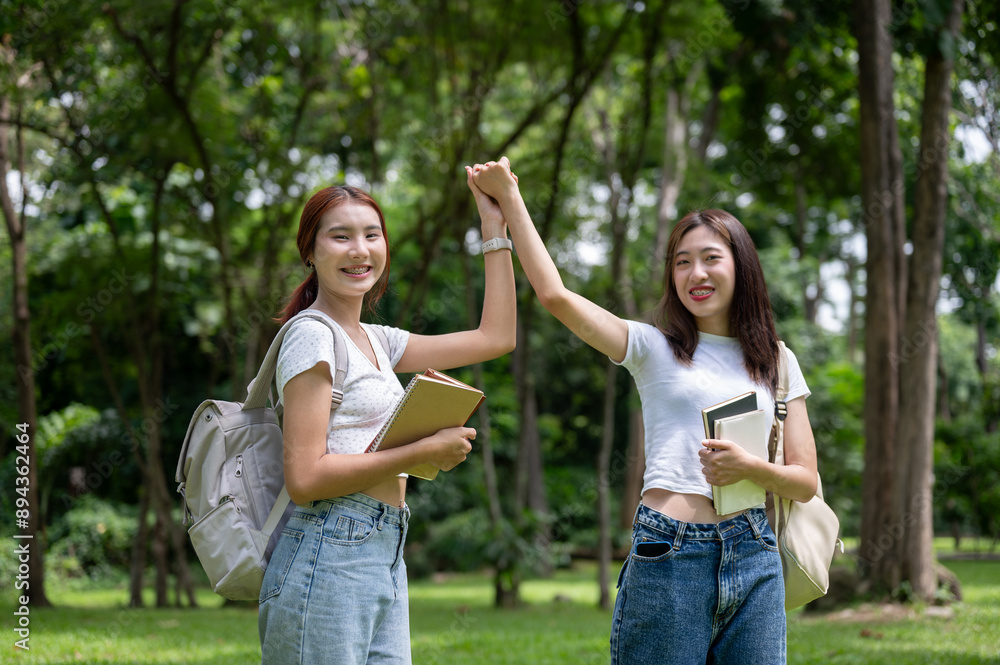 Obraz premium Two lovely Asian female college friends are in the park, holding hands and smiling at the camera.