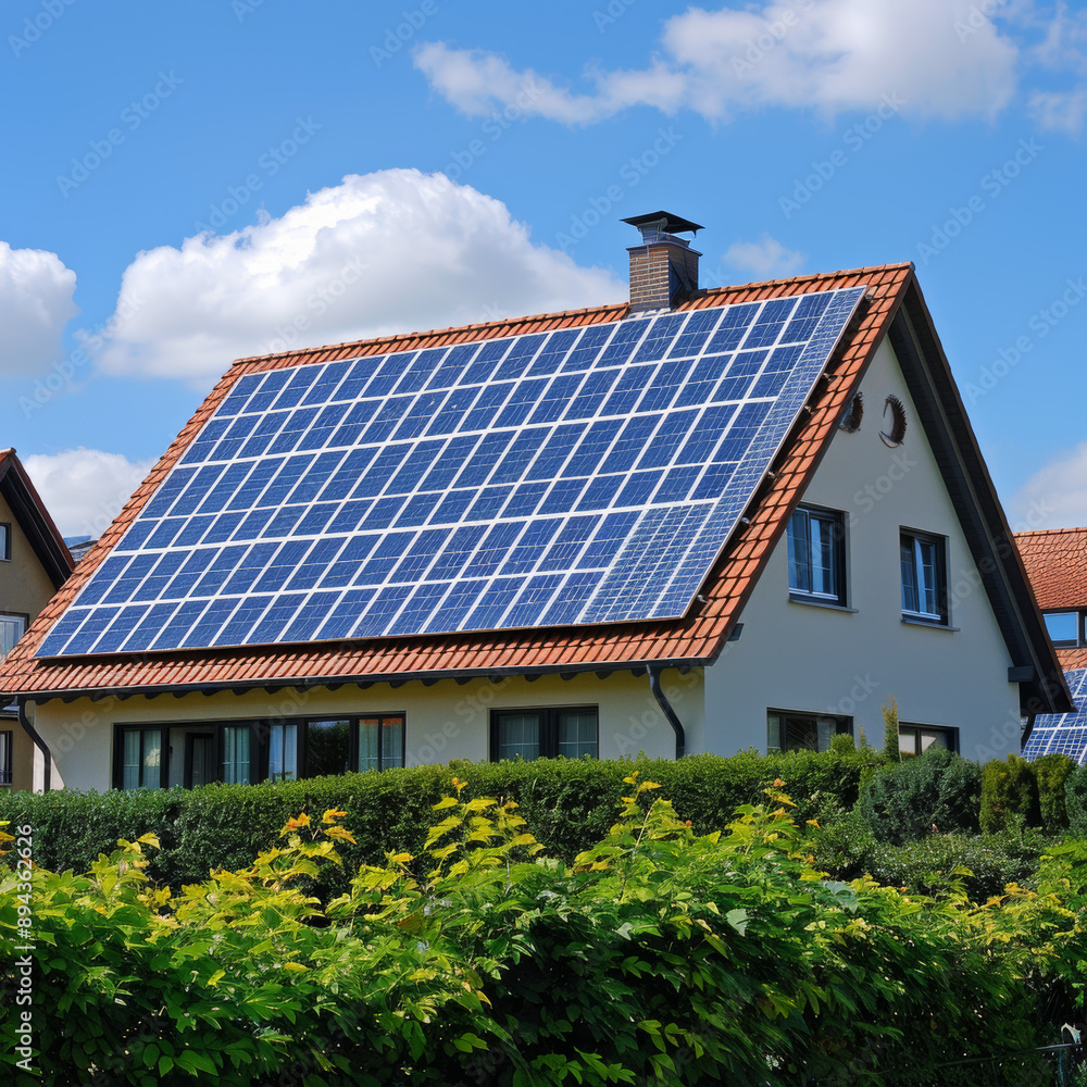 Solar panels on a house's roof generate electricity from sunlight. Solar panels on a house's roof generate electricity from sunlight.