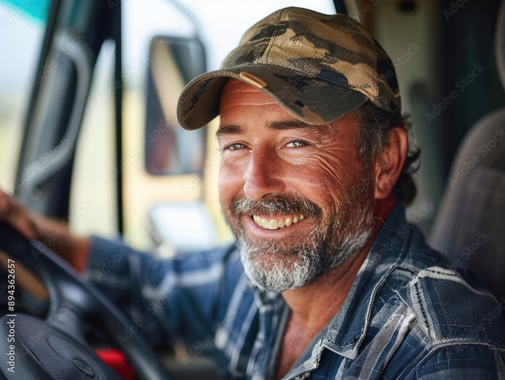 Happy Truck Driver Enjoying the Countryside View Happy Truck Driver Enjoying the Countryside View