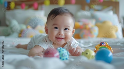 Happy baby rattle and child in bedroom for childhood development growth and cute smile at home Adorable young girl infant kid and playing with toys for happiness fun and relax in nurse : Generative AI