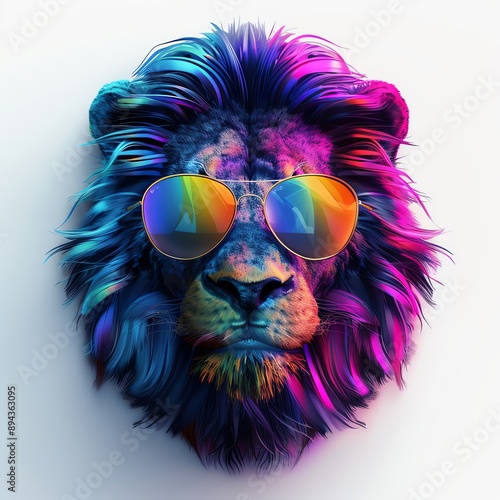 Chic lion in colorful sunglasses, fashion accessory, 3D depiction, isolated on white background