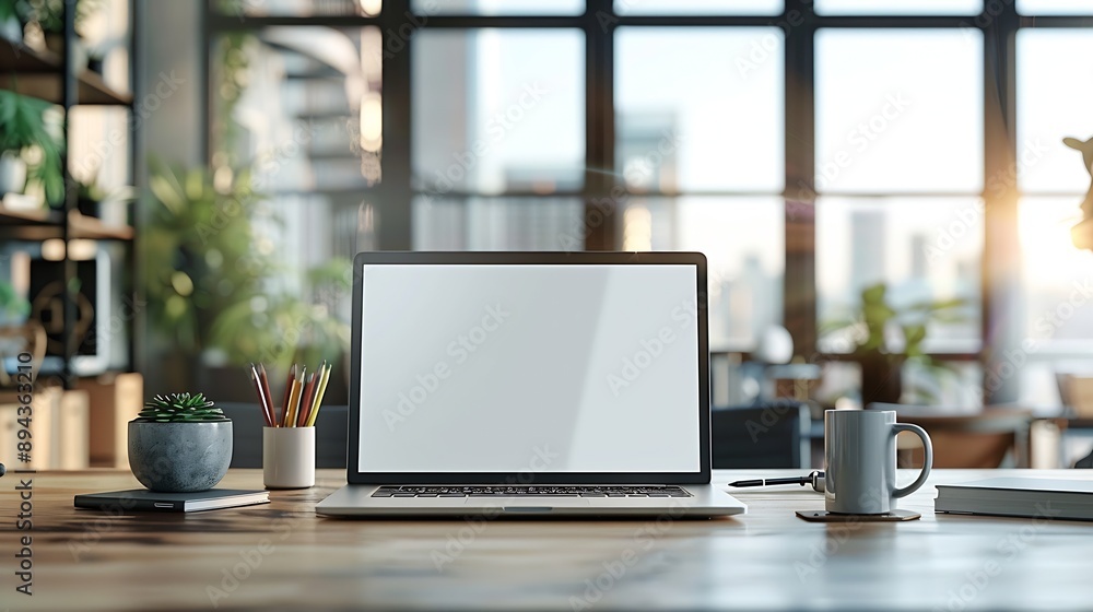 Laptop device mock up template design on office workplace desk white mockup empty blank computer screen on office work table business web technology at modern workspace closeup : Generative AI Laptop device mock up template design on office workplace desk white mockup empty blank computer screen on office work table business web technology at modern workspace closeup : Generative AI