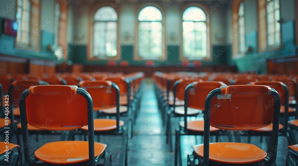 Fototapeta premium Empty classroom with many Lecture Chair : Generative AI