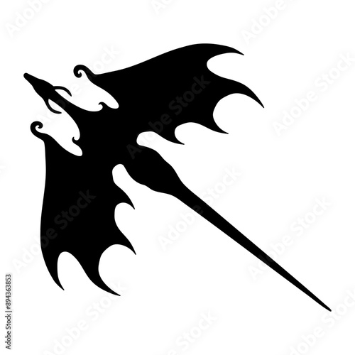 Black ink silhouette of a flying dragon isolated on a white background. Vector illustration