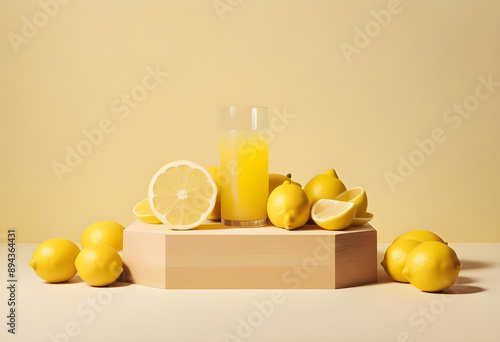 Background lemon podium product fruit platform cosmetic scene display citrus yellow. Podium lemon vitamin stand background pedestal presentation food stage summer juice c beauty dry natural wood drink