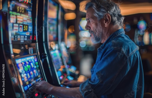 A middle-aged man plays slot machines in the casino, in a realistic photo. The photo shows a man playing slot machine games alone at night in Las Vegas.