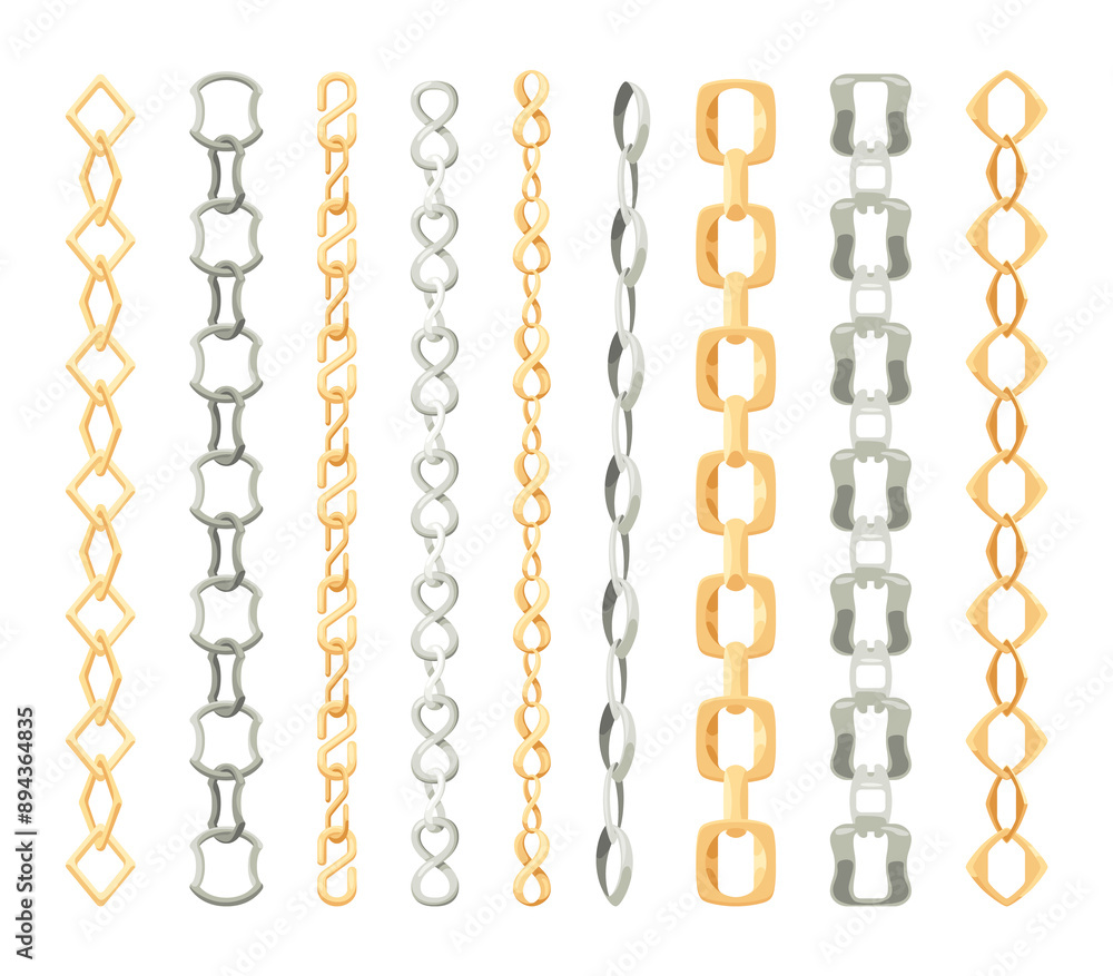 Metal chainlets with variety chain links. Gold, silver, stainless steel necklaces illustration isolated on white background. Jewelry from precious metals. For jewelry store ad, fashion concept Metal chainlets with variety chain links. Gold, silver, stainless steel necklaces illustration isolated on white background. Jewelry from precious metals. For jewelry store ad, fashion concept