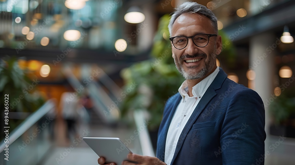 Portrait of happy smiling 45 years old business man executive standing in office using digital tablet Middle aged businessman manager wearing suit glasses working on professional finan : Generative AI Portrait of happy smiling 45 years old business man executive standing in office using digital tablet Middle aged businessman manager wearing suit glasses working on professional finan : Generative AI