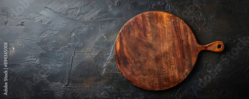 Top view simple single kitchen round cutting board empty on dark background photo