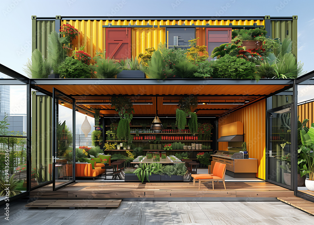 a beautifully designed cafe created from a converted shipping container, mobile, house, captivating, Shipping Container Tiny Home, steel containers, supreme quality, superior lighting, restaurant a beautifully designed cafe created from a converted shipping container, mobile, house, captivating, Shipping Container Tiny Home, steel containers, supreme quality, superior lighting, restaurant