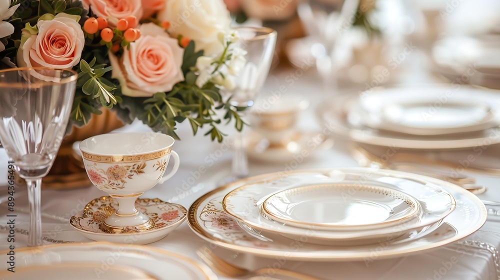 Elegant wedding reception table setup with floral centerpiece and fine china : Generative AI Elegant wedding reception table setup with floral centerpiece and fine china : Generative AI