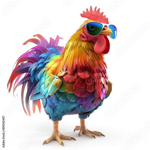 Rainbow sunglasswearing chicken, trendy bird, 3D illustration, isolated on white background photo