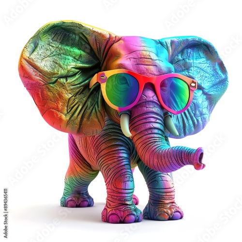 Rainbow sunglasswearing elephant, trendy mammal, 3D illustration, isolated on white background photo