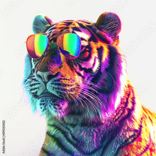 Rainbow sunglasswearing tiger, trendy mammal, 3D illustration, isolated on white background photo