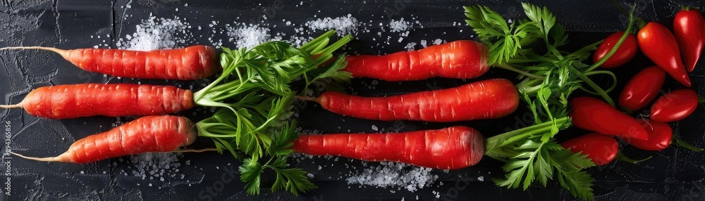 Fresh red carrots and tomatoes on dark background with greenery and salt, offering a vibrant and healthy food display. Fresh red carrots and tomatoes on dark background with greenery and salt, offering a vibrant and healthy food display.
