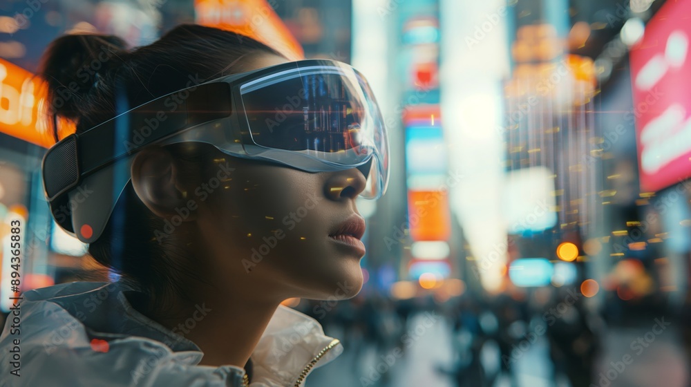 cinematic shot of an attractive woman wearing futuristic augmented reality glasses walking through the streets of New York City cinematic shot of an attractive woman wearing futuristic augmented reality glasses walking through the streets of New York City