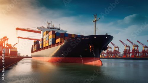 Cargo tanker in the port for unloading, loading. Export import of goods. Commercial delivery. AI generated.