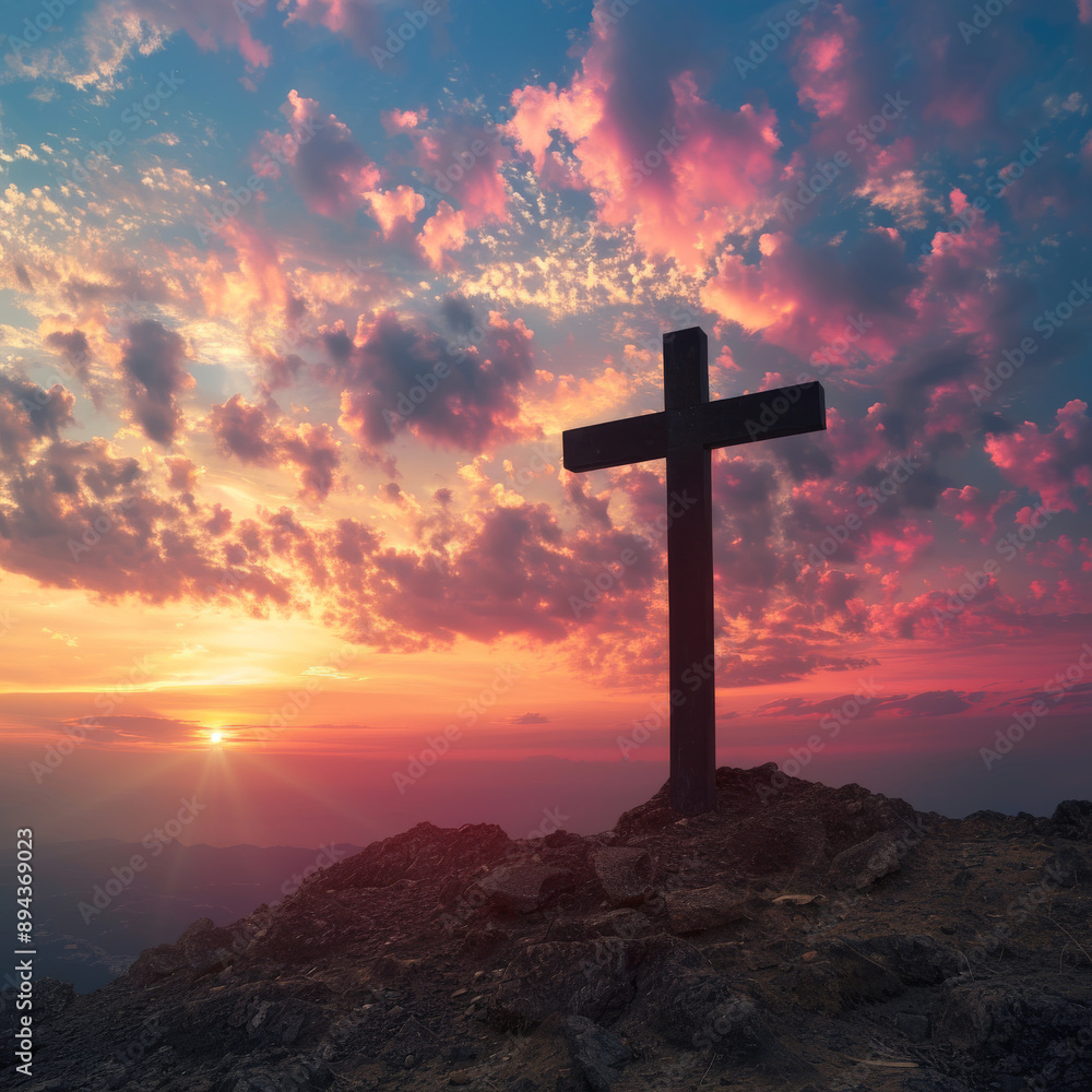 The cross stands tall on Calvary hill, its silhouette against the vibrant hues of sunrise and sunset. The empty space invites reflection on the Christian concept of Ascension Day. The cross stands tall on Calvary hill, its silhouette against the vibrant hues of sunrise and sunset. The empty space invites reflection on the Christian concept of Ascension Day.