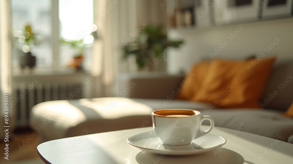 Interior of light apartment with cup of fresh espresso on coffee table : Generative AI Interior of light apartment with cup of fresh espresso on coffee table : Generative AI