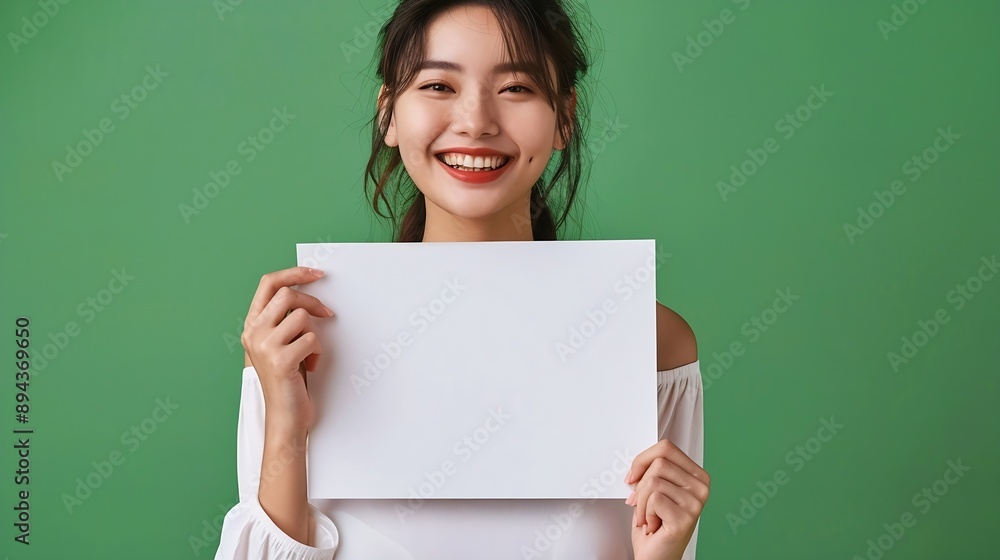 Asian woman wearing white shirt showing and holding blank white billboard isolated on green background : Generative AI Asian woman wearing white shirt showing and holding blank white billboard isolated on green background : Generative AI