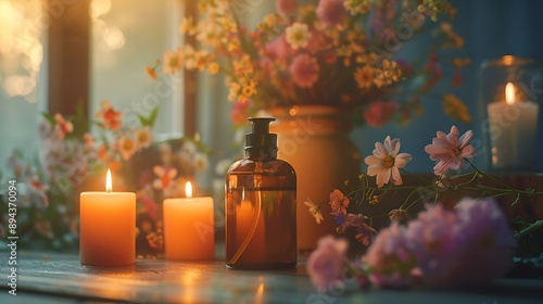 Burning candles spa setting essential oils organic pure aromatic ingredients atmosphere of relax Aromatherapy cozy home decor concept Perfumery bottles elegant composition with spring : Generative AI
