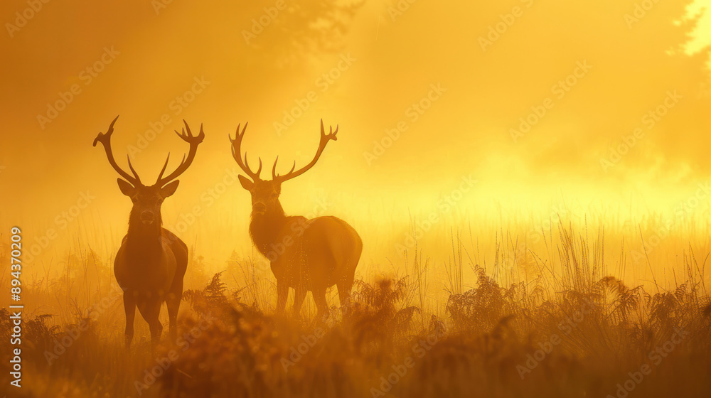 Naklejka premium Red Deer Silhouettes in Morning Mist