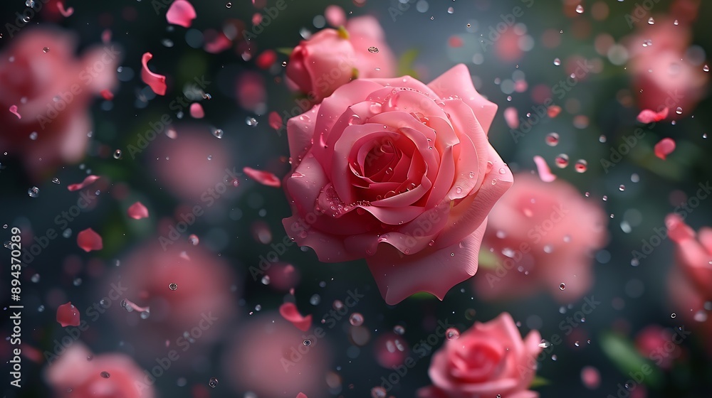 Pink small Rose Flower explosion up Many Styrofoam Roses present Love romantic wedding valentine Artificial foam pink rose fly in air Black background isolated selective focus blur : Generative AI Pink small Rose Flower explosion up Many Styrofoam Roses present Love romantic wedding valentine Artificial foam pink rose fly in air Black background isolated selective focus blur : Generative AI