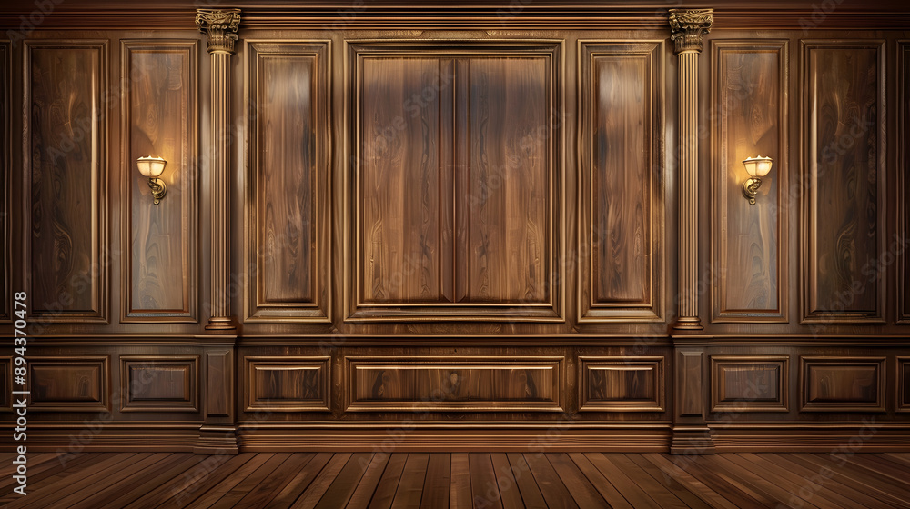 Classic premium luxury wood paneling wall background or texture. Highly crafted traditional wood paneling wall and floor, with a frame and column pattern Classic premium luxury wood paneling wall background or texture. Highly crafted traditional wood paneling wall and floor, with a frame and column pattern