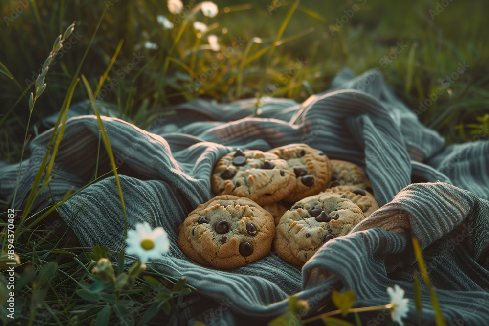 Cookies with chocolate chips on a tablecloth in the grass. Picnic concept. Cookies with chocolate chips on a tablecloth in the grass. Picnic concept.