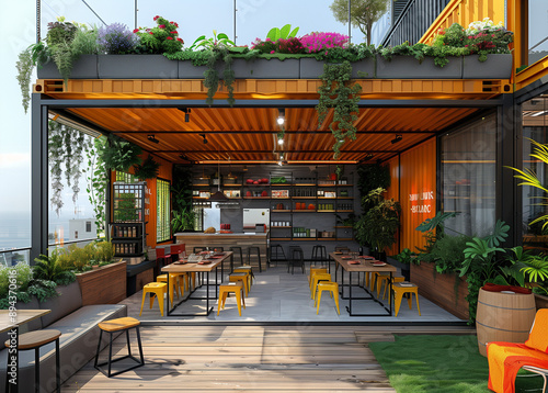 a beautifully designed cafe created from a converted shipping container, mobile, house, captivating, Shipping Container Tiny Home, steel containers, supreme quality, superior lightin